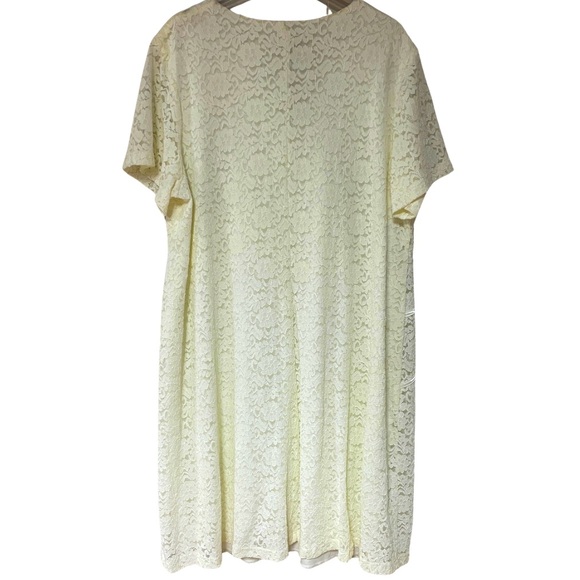 Maggie Barnes White V-Neck Full Lace Dress With Asymmetrical Satin Stripes Sz 3X - Picture 2 of 5